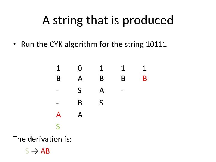 A string that is produced • Run the CYK algorithm for the string 10111