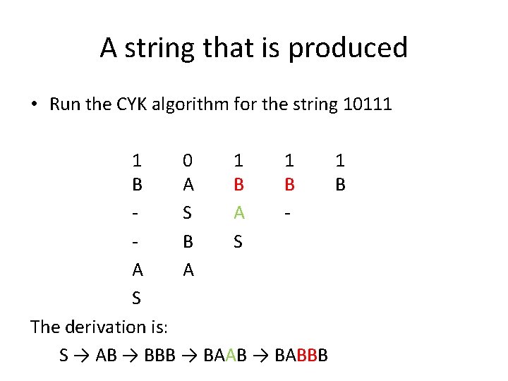 A string that is produced • Run the CYK algorithm for the string 10111