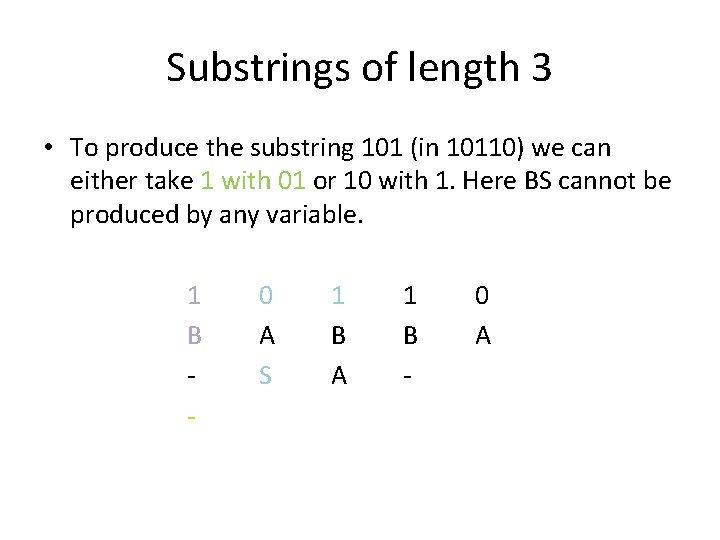 Substrings of length 3 • To produce the substring 101 (in 10110) we can