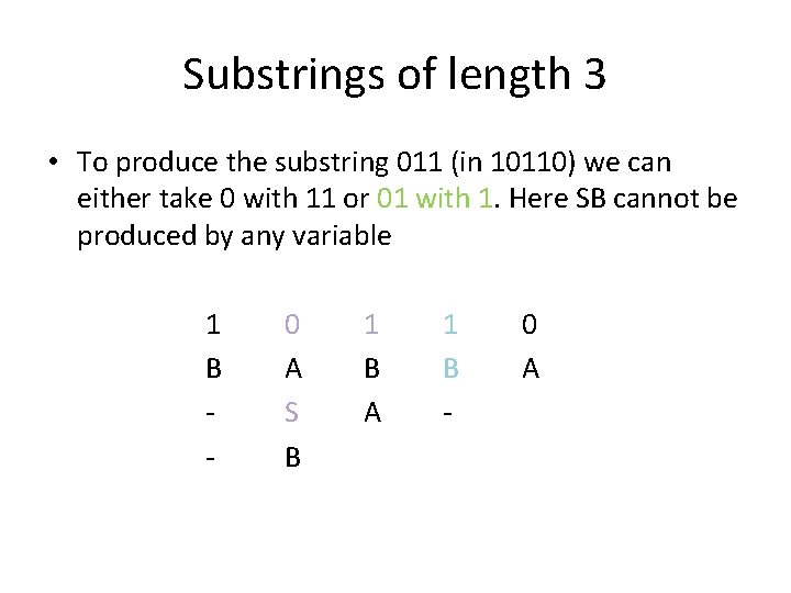 Substrings of length 3 • To produce the substring 011 (in 10110) we can