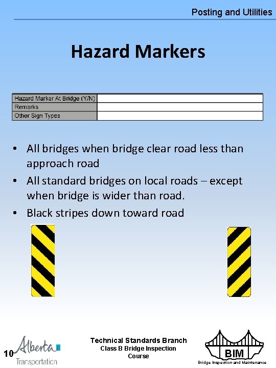 Posting and Utilities Hazard Markers • All bridges when bridge clear road less than Posting and Utilities Hazard Markers • All bridges when bridge clear road less than