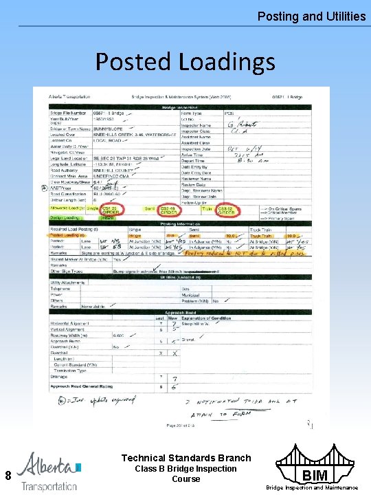 Posting and Utilities Posted Loadings Technical Standards Branch 8 Class B Bridge Inspection Course