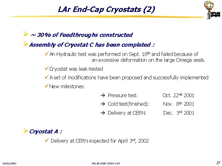 LAr End-Cap Cryostats (2) Ø ~ 30% of Feedthroughs constructed ØAssembly of Cryostat C