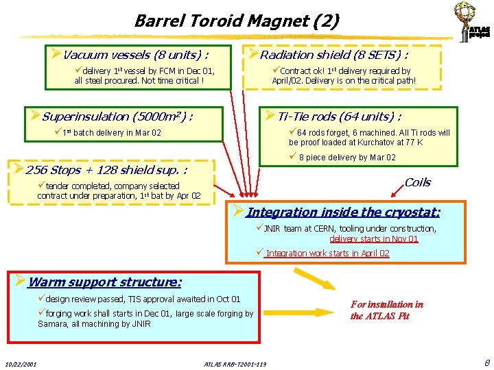 Barrel Toroid Magnet (2) ØVacuum vessels (8 units) : ØRadiation shield (8 SETS) :