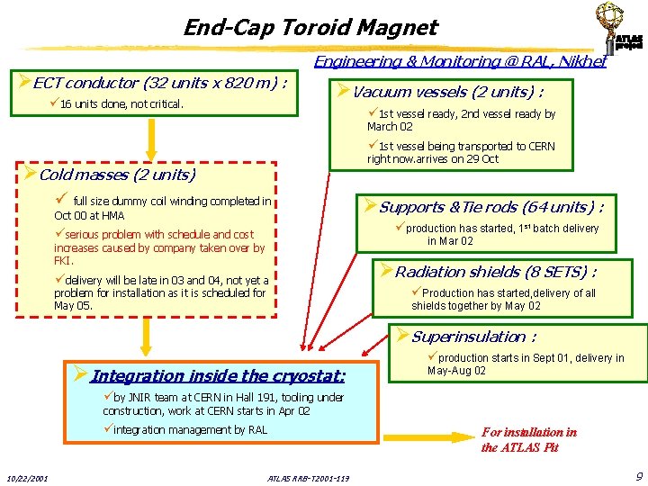 End-Cap Toroid Magnet ØECT conductor (32 units x 820 m) : ü 16 units