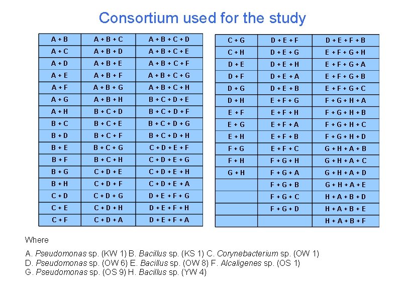 Consortium used for the study A+B+C+D C+G D+E+F+B A+C A+B+D A+B+C+E C+H D+E+G E+F+G+H