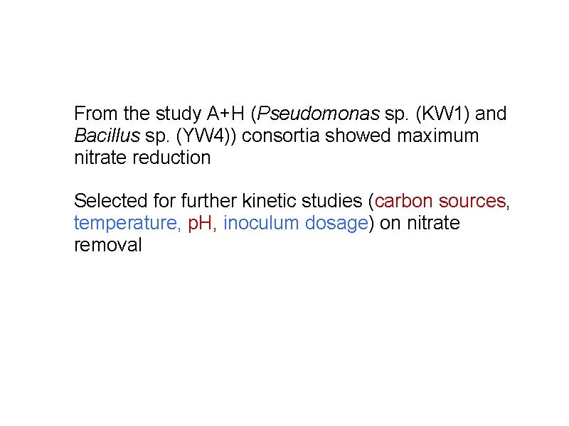 From the study A+H (Pseudomonas sp. (KW 1) and Bacillus sp. (YW 4)) consortia