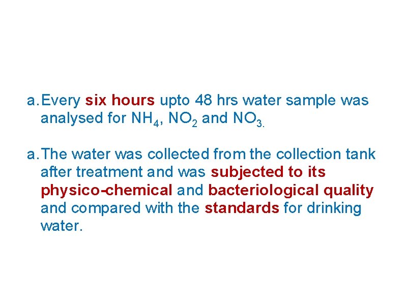 a. Every six hours upto 48 hrs water sample was analysed for NH 4, a. Every six hours upto 48 hrs water sample was analysed for NH 4,