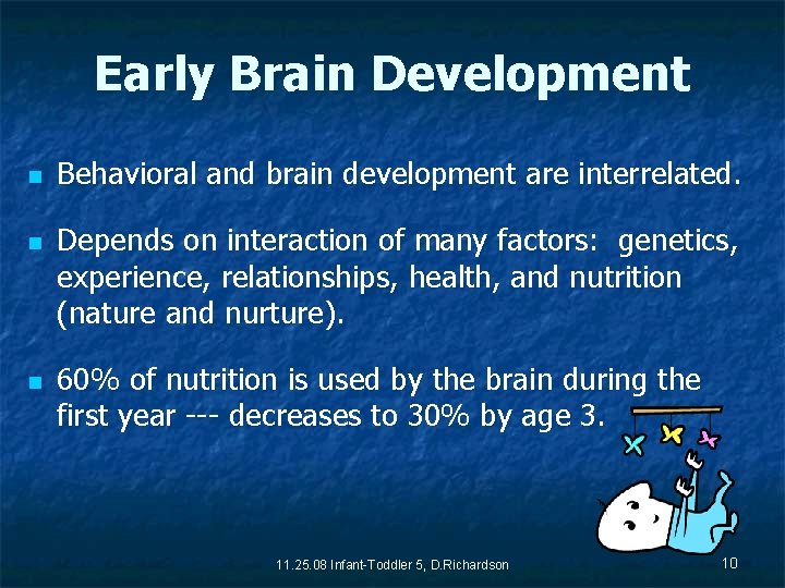 Early Brain Development n n n Behavioral and brain development are interrelated. Depends on