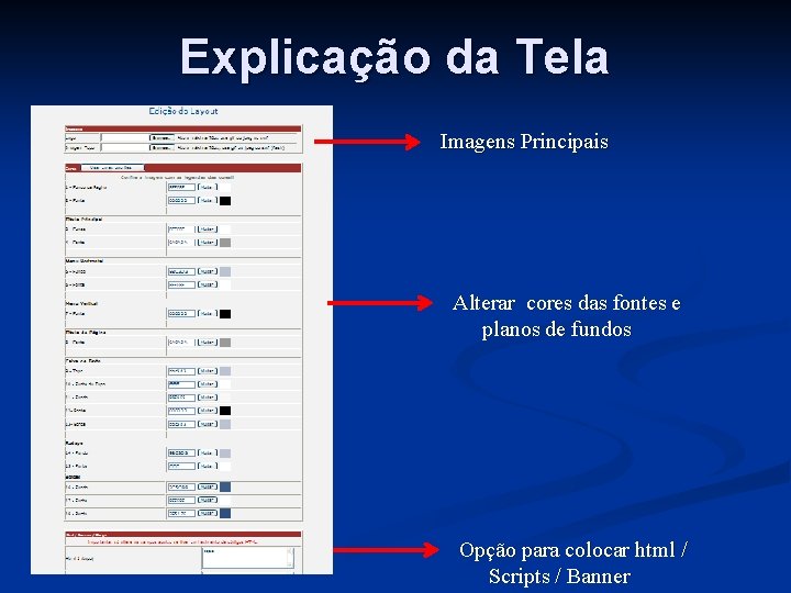 Explicação da Tela Imagens Principais Alterar cores das fontes e planos de fundos Opção