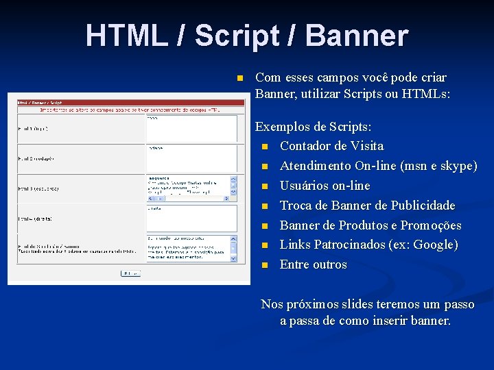 HTML / Script / Banner n Com esses campos você pode criar Banner, utilizar
