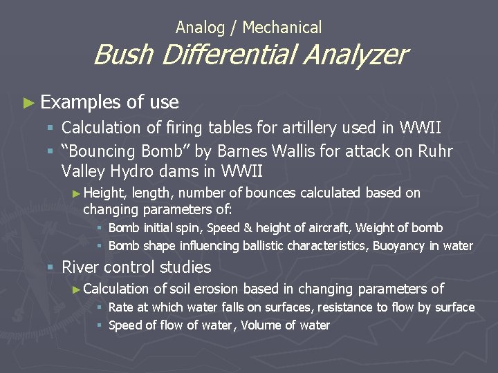 Analog / Mechanical Bush Differential Analyzer ► Examples of use § Calculation of firing Analog / Mechanical Bush Differential Analyzer ► Examples of use § Calculation of firing