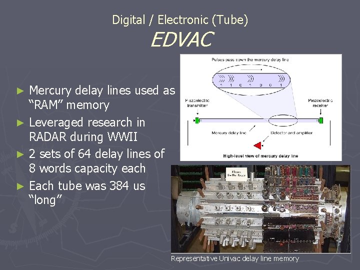 Digital / Electronic (Tube) EDVAC Mercury delay lines used as “RAM” memory ► Leveraged Digital / Electronic (Tube) EDVAC Mercury delay lines used as “RAM” memory ► Leveraged