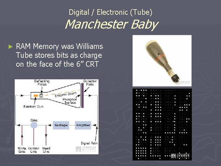 Digital / Electronic (Tube) Manchester Baby ► RAM Memory was Williams Tube stores bits Digital / Electronic (Tube) Manchester Baby ► RAM Memory was Williams Tube stores bits