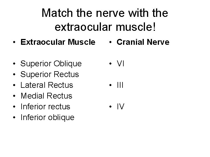 Match the nerve with the extraocular muscle! • Extraocular Muscle • Cranial Nerve •