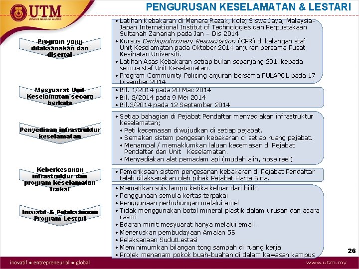 PENGURUSAN KESELAMATAN & LESTARI Program yang dilaksanakan disertai Mesyuarat Unit Keselamatan secara berkala Penyediaan