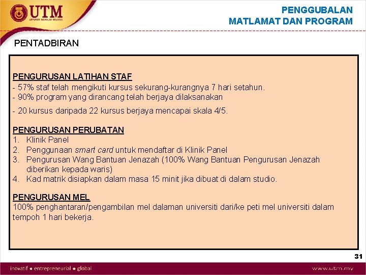 PENGGUBALAN MATLAMAT DAN PROGRAM PENTADBIRAN PENGURUSAN LATIHAN STAF - 57% staf telah mengikuti kursus