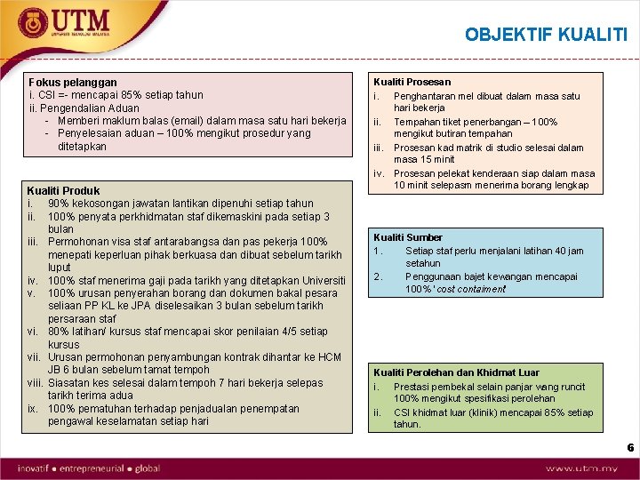 OBJEKTIF KUALITI Fokus pelanggan i. CSI =- mencapai 85% setiap tahun ii. Pengendalian Aduan