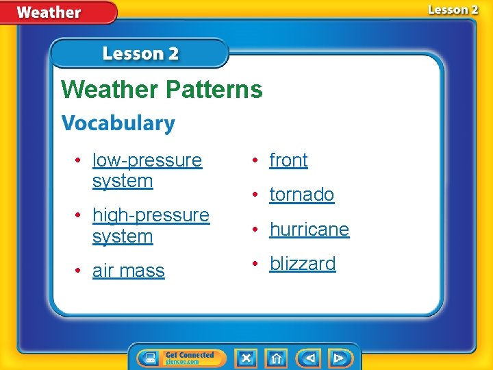 Weather Patterns • low-pressure system • high-pressure system • air mass • front •