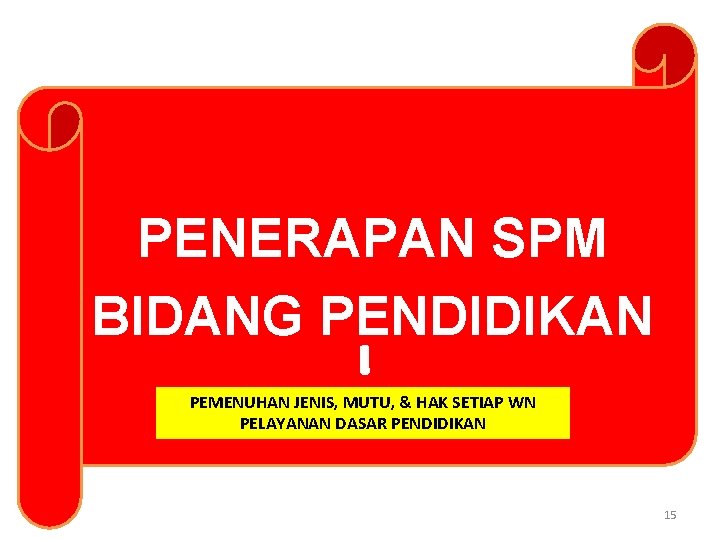 PENERAPAN SPM BIDANG PENDIDIKAN PEMENUHAN JENIS, MUTU, & HAK SETIAP WN PELAYANAN DASAR PENDIDIKAN