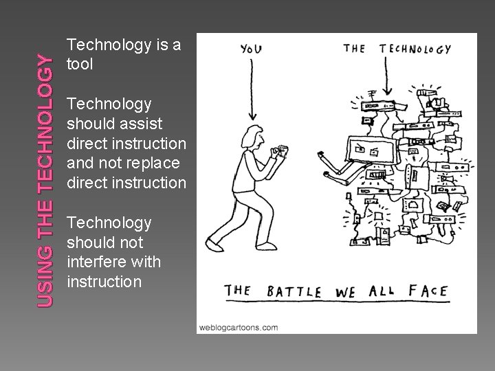 USING THE TECHNOLOGY Technology is a tool Technology should assist direct instruction and not