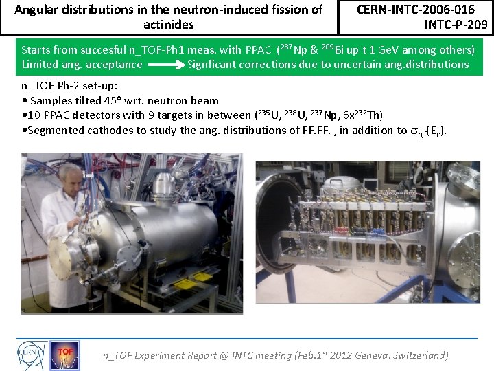 Angular distributions in the neutron-induced fission of actinides CERN-INTC-2006 -016 INTC-P-209 Starts from succesful