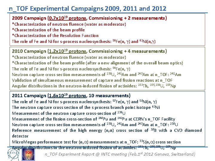 n_TOF Experimental Campaigns 2009, 2011 and 2012 2009 Campaign (0. 7 x 1019 protons,