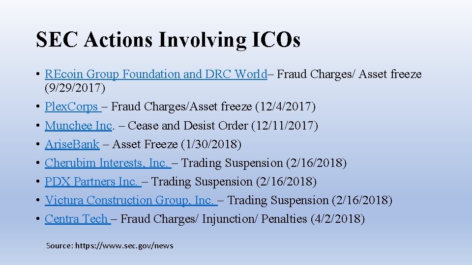 SEC Actions Involving ICOs • REcoin Group Foundation and DRC World– Fraud Charges/ Asset