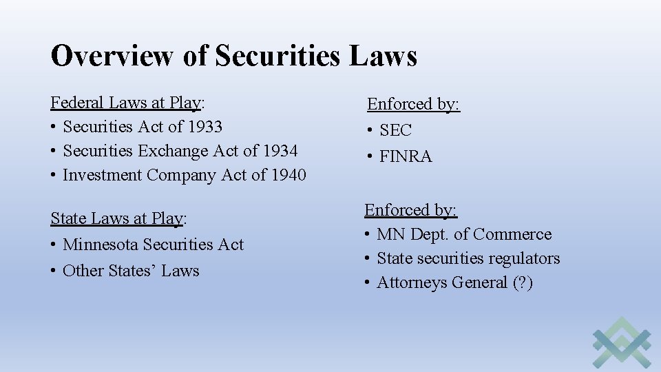 Overview of Securities Laws Federal Laws at Play: • Securities Act of 1933 •
