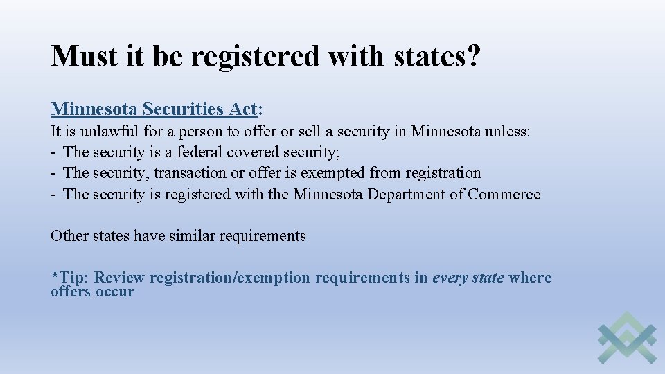 Must it be registered with states? Minnesota Securities Act: It is unlawful for a