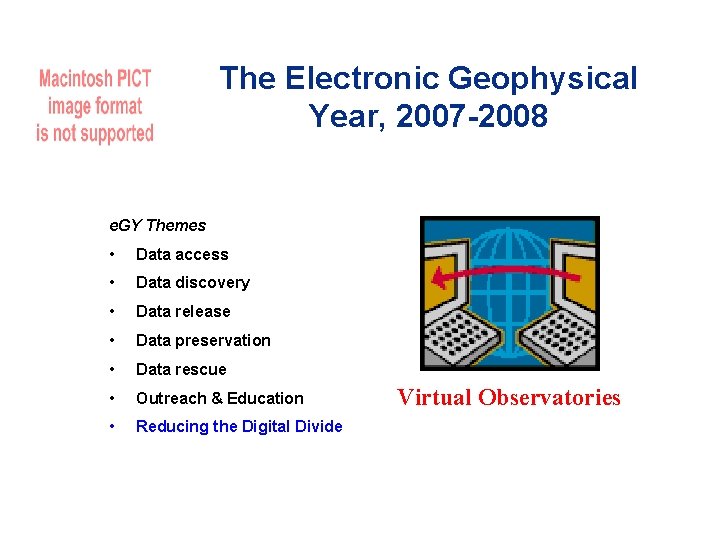 The Electronic Geophysical Year, 2007 -2008 e. GY Themes • Data access • Data