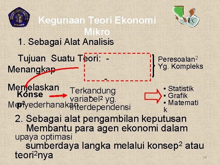 Kegunaan Teori Ekonomi Mikro 1. Sebagai Alat Analisis Tujuan Suatu Teori: Menangkap Menjelaskan Terkandung