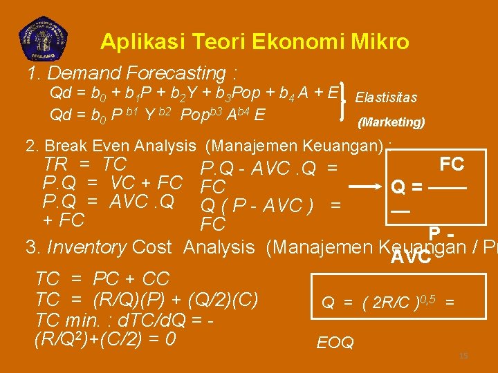 Aplikasi Teori Ekonomi Mikro 1. Demand Forecasting : Qd = b 0 + b