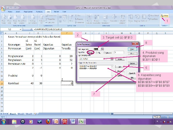 1 2 3. Target cell (z) $F$13 8 4. Produksi yang digunakan $C$11: $D$11