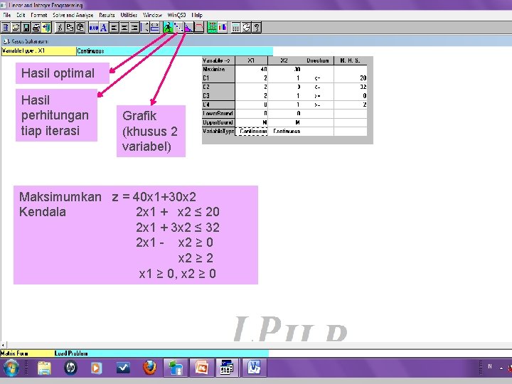 Hasil optimal Hasil perhitungan tiap iterasi Grafik (khusus 2 variabel) Maksimumkan z = 40