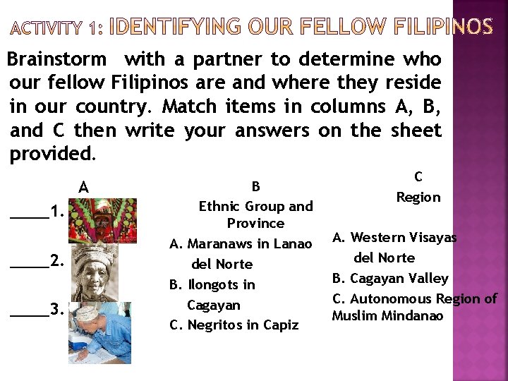 Brainstorm with a partner to determine who our fellow Filipinos are and where they