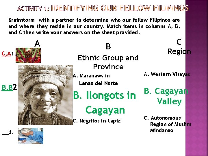 Brainstorm with a partner to determine who our fellow Filipinos are and where they