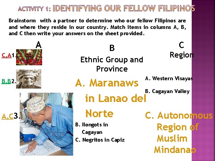 Brainstorm with a partner to determine who our fellow Filipinos are and where they