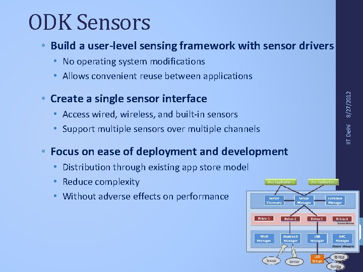 ODK Sensors • Build a user-level sensing framework with sensor drivers • Access wired,