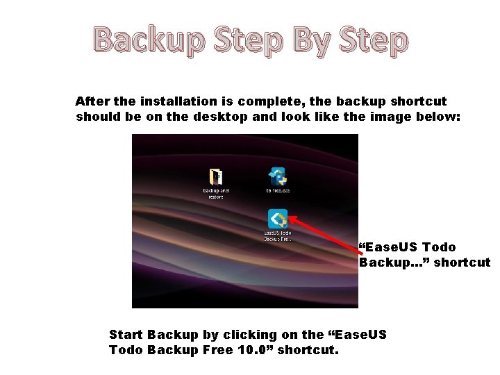 Backup Step By Step After the installation is complete, the backup shortcut should be