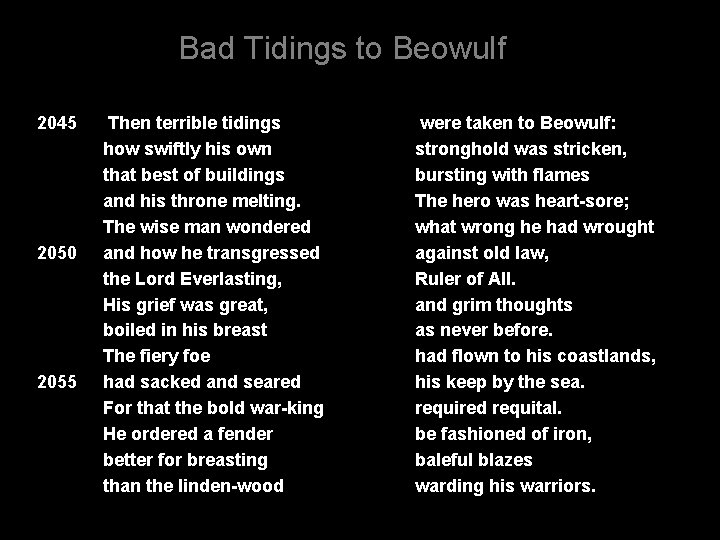 Bad Tidings to Beowulf 2045 2050 2055 Then terrible tidings how swiftly his own