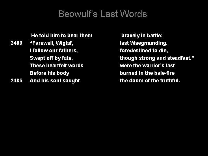 Beowulf’s Last Words 2480 2486 He told him to bear them “Farewell, Wiglaf, I