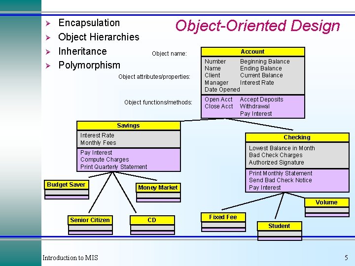 Ø Ø Encapsulation Object Hierarchies Inheritance Polymorphism Object-Oriented Design Account Object name: Object attributes/properties: