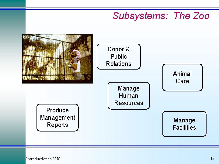 Subsystems: The Zoo Donor & Public Relations Animal Care Manage Human Resources Produce Management Subsystems: The Zoo Donor & Public Relations Animal Care Manage Human Resources Produce Management