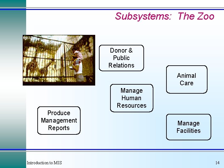 Subsystems: The Zoo Donor & Public Relations Animal Care Manage Human Resources Produce Management