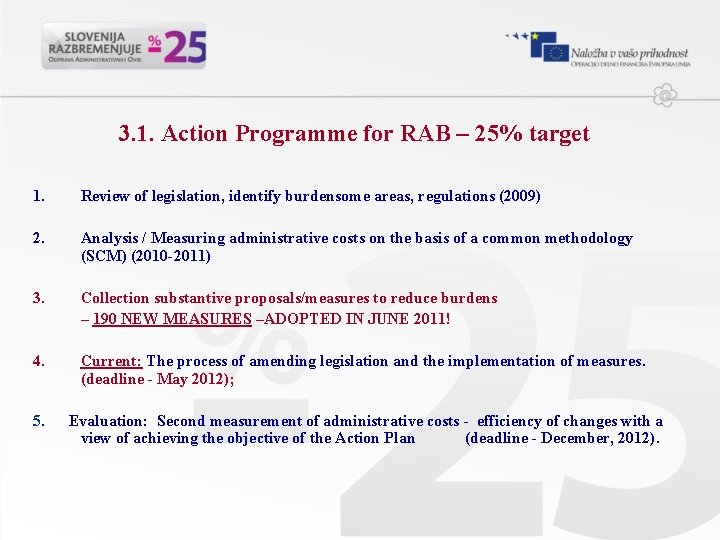 3. 1. Action Programme for RAB – 25% target 1. Review of legislation, identify