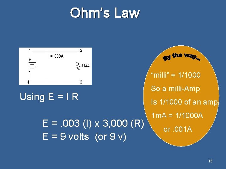 Ohm’s Law “milli” = 1/1000 Using E = I R E =. 003 (I)