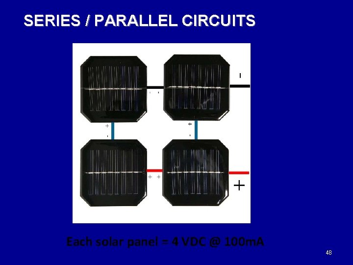 SERIES / PARALLEL CIRCUITS Each solar panel = 4 VDC @ 100 m. A