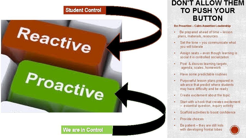 Student Control DON'T ALLOW THEM TO PUSH YOUR BUTTON Be Proactive – Calm-Assertive Leadership