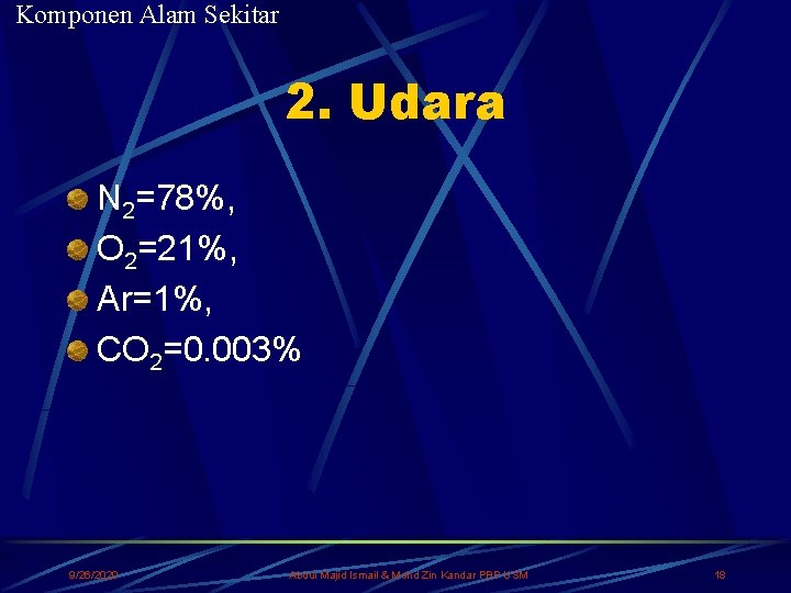 Komponen Alam Sekitar 2. Udara N 2=78%, O 2=21%, Ar=1%, CO 2=0. 003% 9/26/2020
